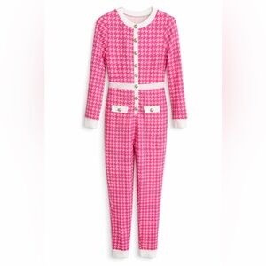 Pink Houndstooth Knit Jumpsuit with White Trim